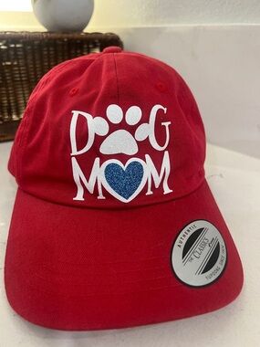 Yupoong Red 'Dog Mom' Baseball Cap with Blue Heart Accent. New
